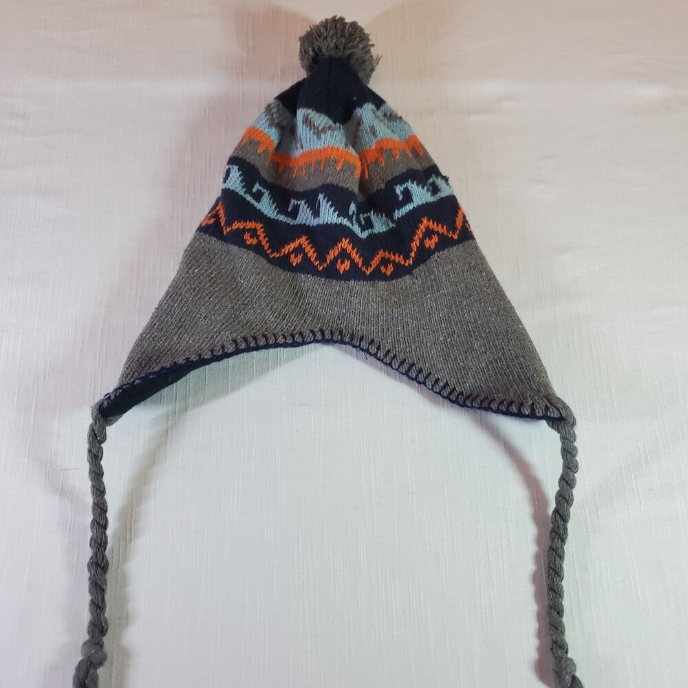 Vintage Gray Peruvian Chullo Knit Beanie Hat Earflaps Pom Pom